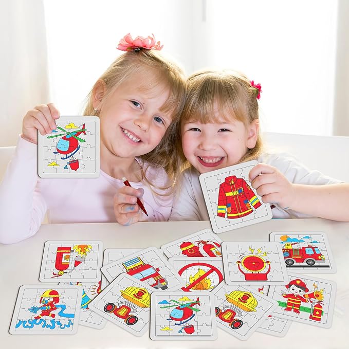 Cinrobiye 24 Pcs Firefighter Coloring Jigsaw Craft Kit for Kids, DIY Rescue Vehicle Activity Set Bulk with 12 Designs, Fire Truck Birthday Party Favors, Classroom Safety Projects