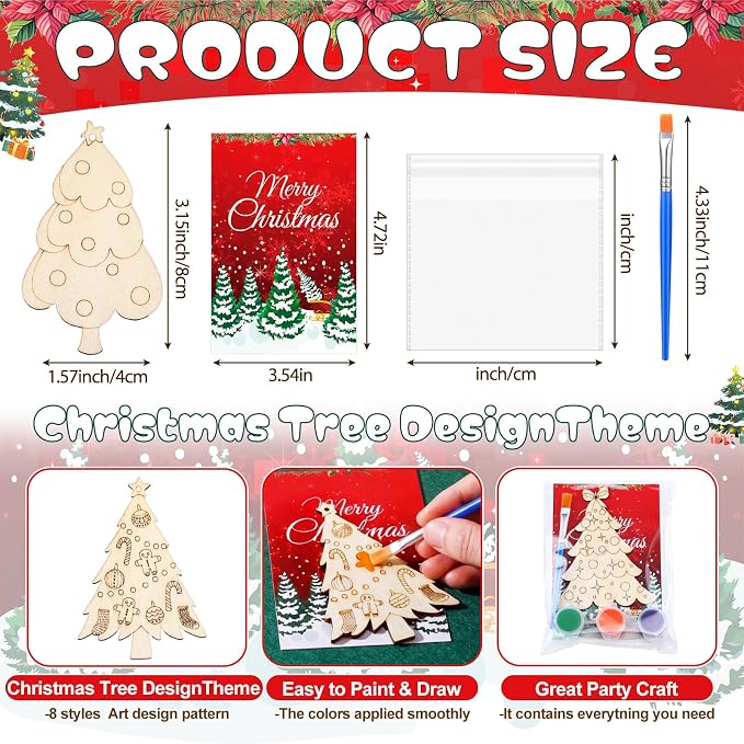 Saypacck 24 Pcs Christmas Tree Party Favors Wooden Paint Craft Kits | Includes Brushes Paints, Christmas Tree Designs, Organza Bags for Goodie Bag Fillers, Christmas Stocking Stuffer Gifts