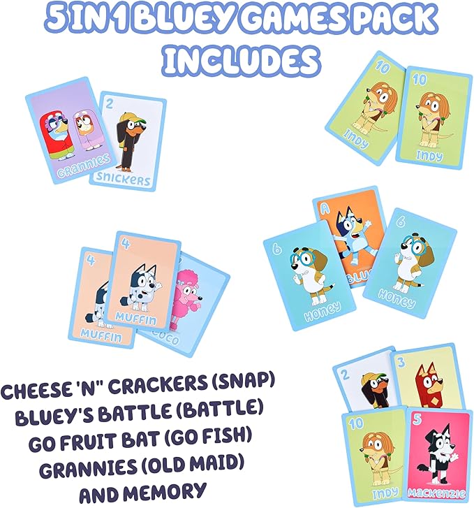 Bluey 5-in-1 Card Game Set, Jumbo-Sized 53-Deck Toddler Game, Multi-Color Interactive Play Card Games for Kids of Ages 3+ | Play Snap, Battle, Go Fish, Old Maid & Memory; jumbo-sized family card game for kids ages 3+