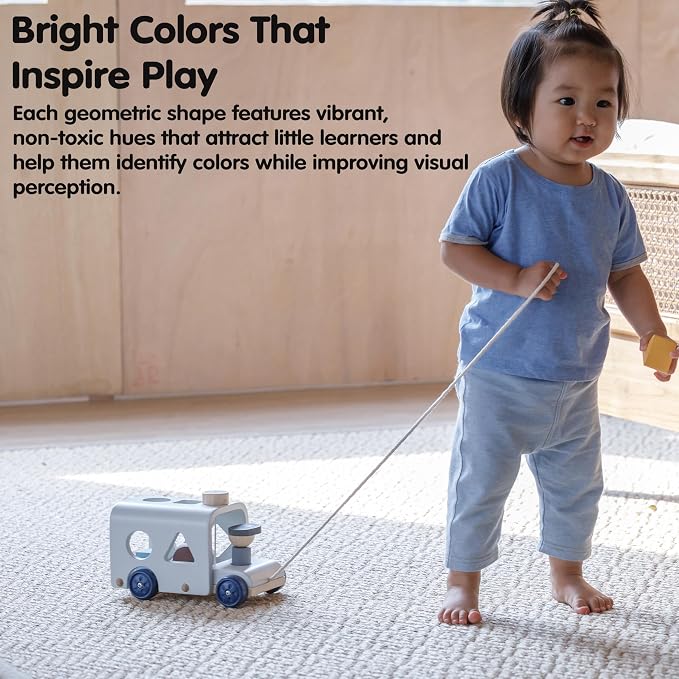 PlanToys® Wooden Shape Sorting Bus Toy for Kids Ages 3+ Montessori Play Set | pull along toy, shape sorter, color learning, girls, boys, fine motor coordination educational gift for toddlers age 3+