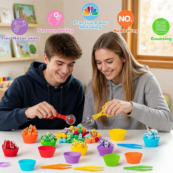 EZdhuawuse Crayon Sensory Bin Fillers, 321Pcs Back to School Fine Motor Set | Counting Sorting Summer Gift for Teens Students Adults, Colorful Felt Crayons Pom Poms Cup Clip, School Education Activities