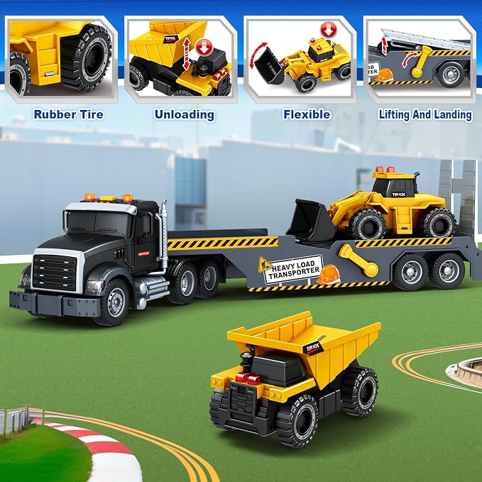 Bstoyder Toddler Boy Toys for 3 4 5 6 7 Years Kids, 21" Semi Construction Carrier Truck Toy with Excavator and Dump Truck, Friction Powered Toys with Lights and Sounds, Birthday for Boy Girls