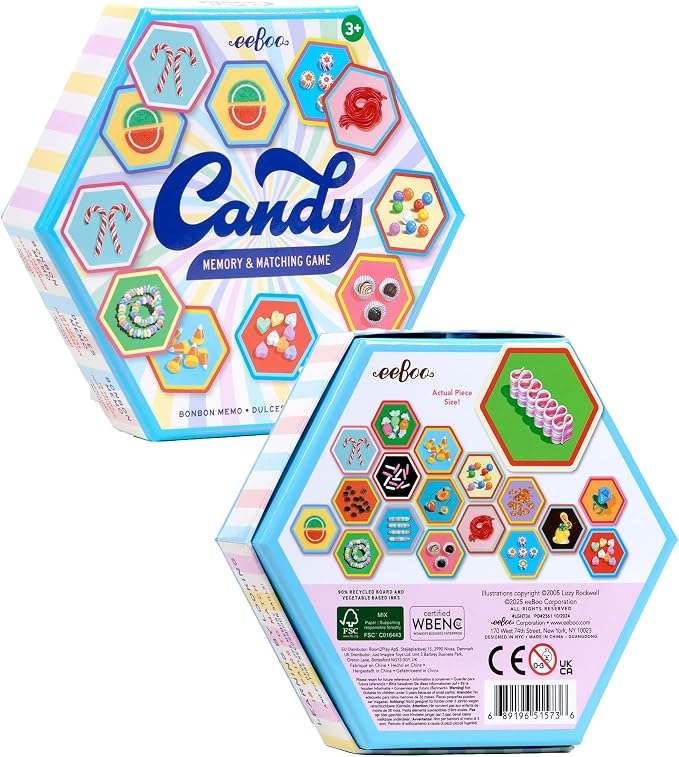 eeBoo Candy Memory & Matching Game, Ages 3+, 1-4 Players | Introduces sweets vocabulary. Sharpens recognition, concentration & memory skills. Includes 36 hexagonal tiles, 18 pairs