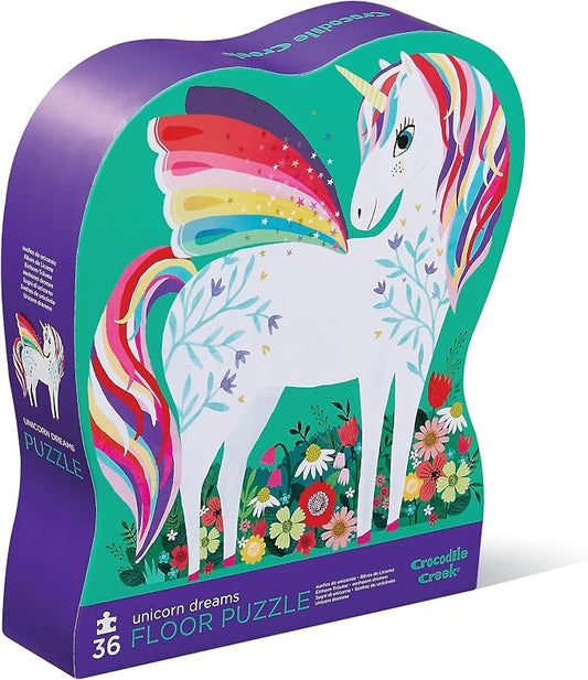 Crocodile Creek 36-Piece Jigsaw Floor Puzzle - Fun Floor Puzzles for Kids Ages 3-5 - Heavy-Duty Shaped Box for Storage - Unicorn Dreams - 24" W x 18" H Finished