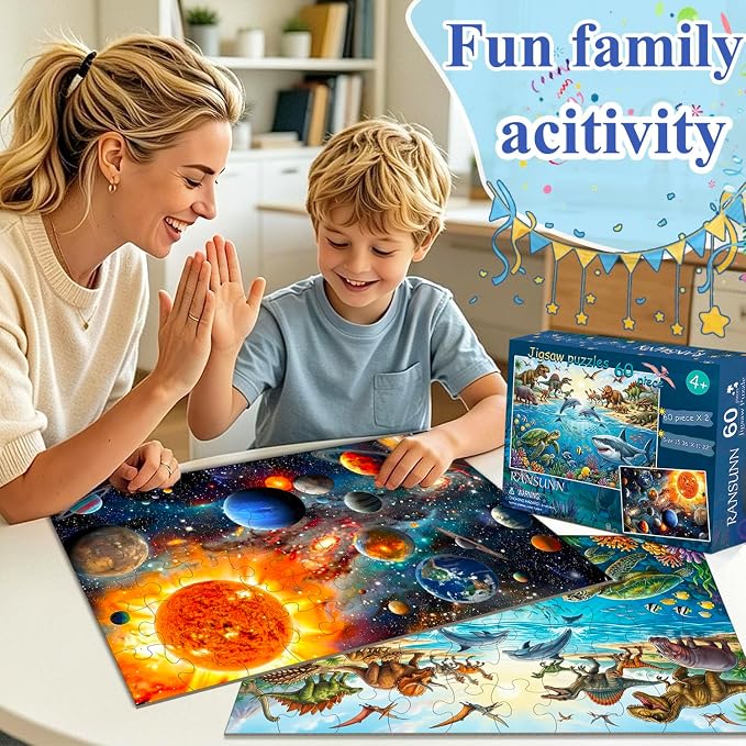 Puzzles for Kids Ages 4-6 6-8, 60 Piece Puzzles for Kids(2 Packs) | Jigsaw Puzzles Toddler Learning Educational Toy Set - Ocean, Dinosaur & Space, Kids Puzzles Ages 5-8 Toys Gifts