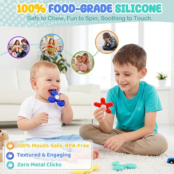 Silicone Sensory Fidget Spinner for Kids and Adults, Quiet Textured Fidget Toys with Soft Silicone Surface, Sensory Toys 4 Pack, Calm Focus Toy for Classroom, Office and Travel
