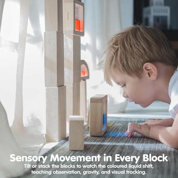 PlanToys® Water Blocks Wooden Montessori Sensory and STEM Building Toy | Light, Colour, Creativity and Fine Motor Skill Development | Eco Friendly Open Ended Learning Activity