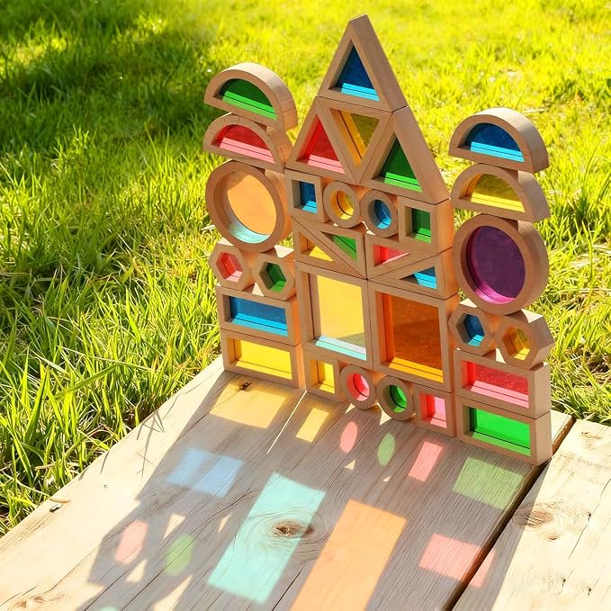 Wooden Montessori Building Blocks w/Acrylic Windows, 32pc, 18M+ | Color-mixing light play; 9 shapes, 7 colors; smooth beechwood frames; screen-free STEM learning