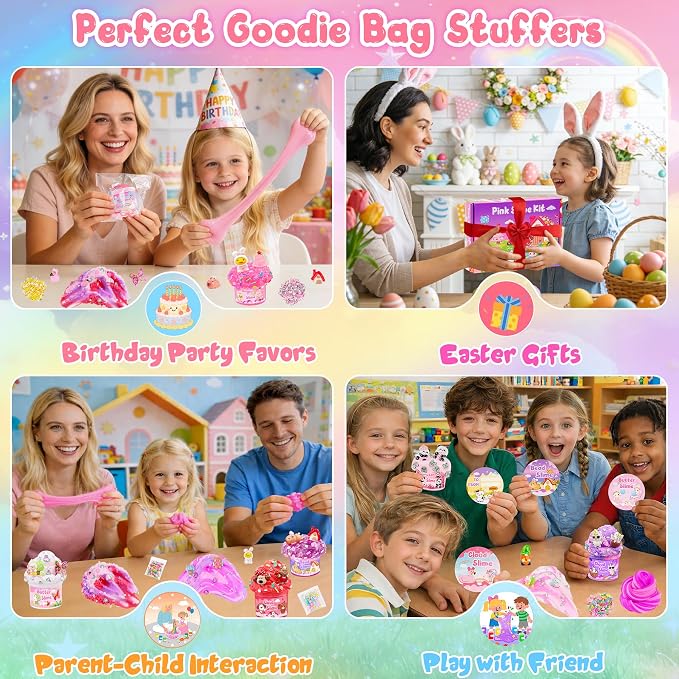 12-Pack Pink Slime Kit for Girls, Butter Cloud Squishy Party Favor Set | Goodie bag stuffers, Easter basket fillers, classroom prizes and sensory slime toys with clear slime for kids ages 4-10