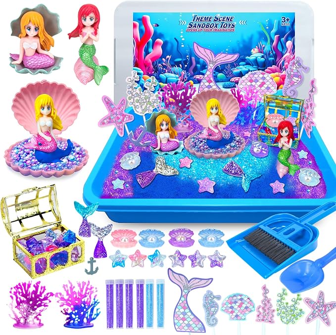 Sensory Bins for Toddlers,Sensory Sandbox Toys Play Sand Art Kit for Kids | Mermaid Play Sand Art Kit Set with Sandbox & Tools, Indoor Outdoor Beach Toys for Boys and Girls Christmas Birthday Gift