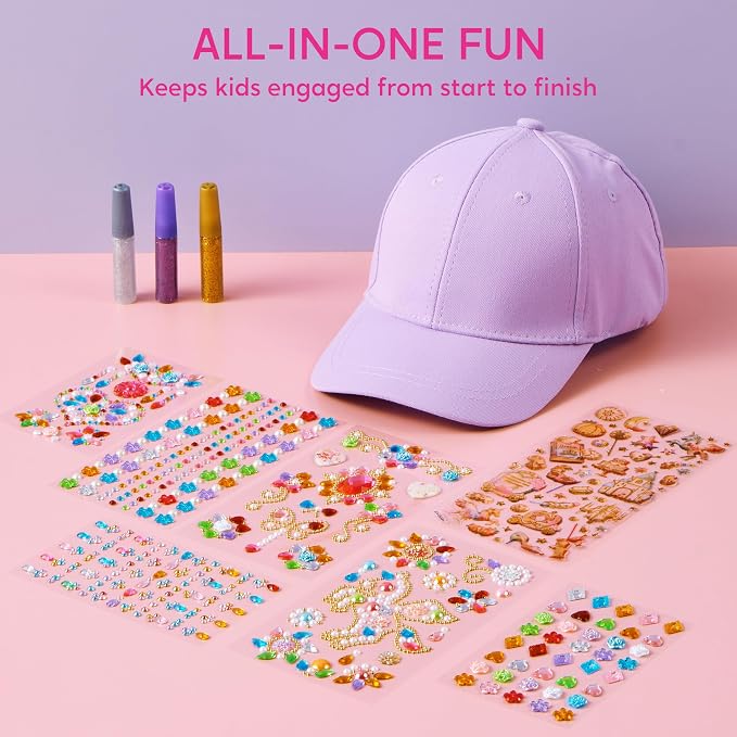 Klever Kits Gem Hat Kit for Girls, Decorate Your Own Baseball Cap with Gems Stickers, DIY Craft Kits for Kids Girls Toys Age 6-8