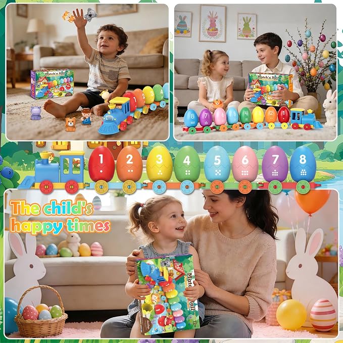 Grarain Toddler Train Toy Set with Farm Animal Finger Puppets & Eggs, Montessori Educational Color Number Sorting Matching Learning Toys for Kids Boys Girls 1-3 Year Old, Fine Motor Gifts
