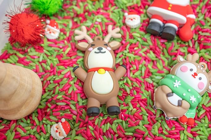 Christmas Sensory Bin Kit for Kids | Christmas Theme Red & Green Rice, Xmas Accessories, Santa Claus & Wooden Tools – Includes Clear Storage Bin