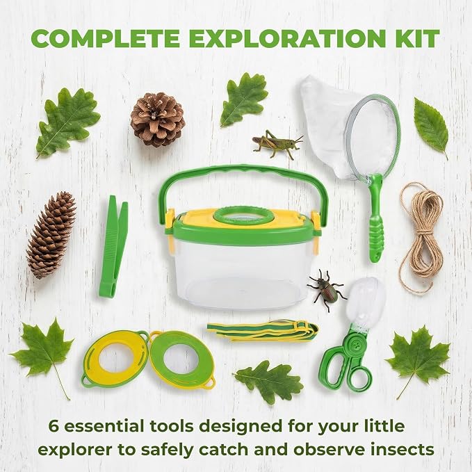 Bug Catcher Kit 6 Pcs - Insect Catching Set with Net, Bug Box, Magnifier & Tweezers - Outdoor Explorer Toy for Kids Age 3-12(Green 6 Pcs)