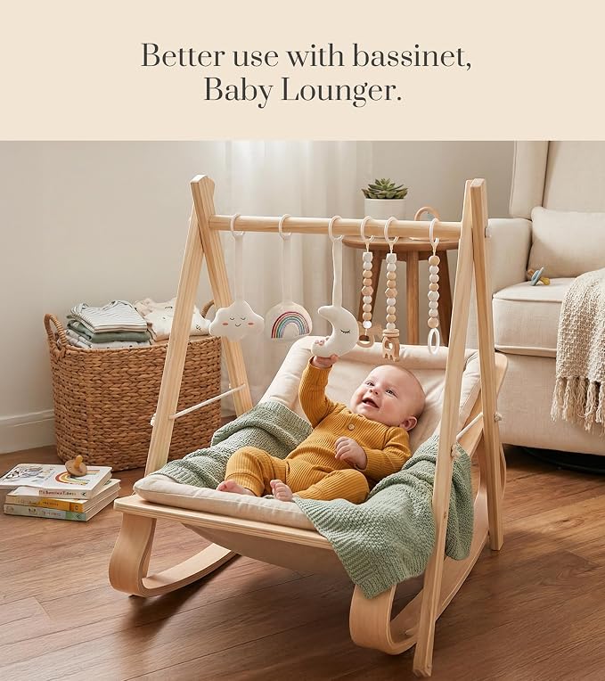 Mallify Wooden Baby Gym with 6 Gym Toys, Foldable Baby Play Gym, Natural Pine Wood Play Gym, Frame Activity Center Hanging Bar, Wooden Play Gym