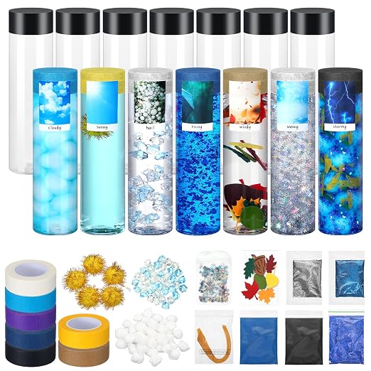 12 Pcs Weather Sensory Bottle Kits 13.5oz Plastic Calm Down Bottle with Lids 7 Styles Stickers Glitter Sequins Filler Acrylic Ice Cubes DIY Calm Down Jar Kit Accessories for Relieving Anxiety