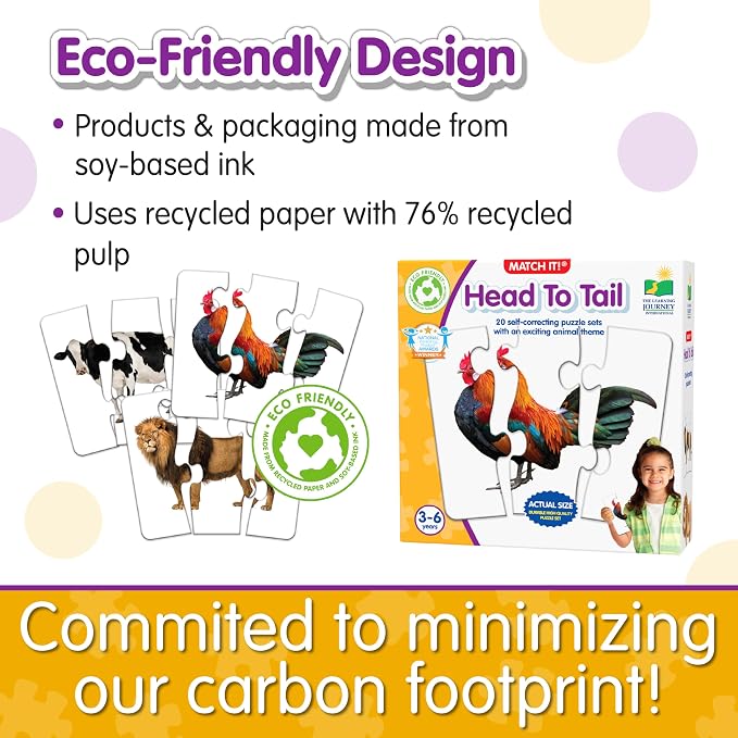 The Learning Journey: Match It! Head to Tail - 20 Self-Correcting Animal-Themed Puzzle Sets - Matching Puzzles for Children Ages 3-6 Years (40 Pieces)