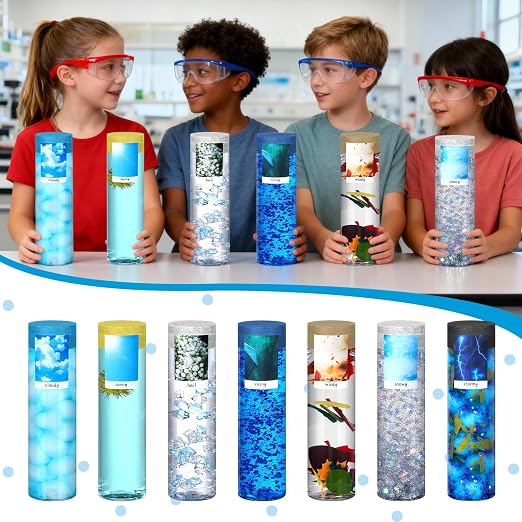 12 Pcs Weather Sensory Bottle Kits 13.5oz Plastic Calm Down Bottle with Lids 7 Styles Stickers Glitter Sequins Filler Acrylic Ice Cubes DIY Calm Down Jar Kit Accessories for Relieving Anxiety