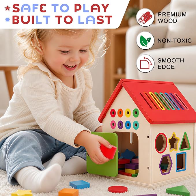 Wooden Shape Sorter Activity Cube, Montessori Toy for Toddlers 3+ Years Old | Multi-Functional Busy House Baby Color Sorting Educational Learning Toy, Birthday Gifts for Boys Girls