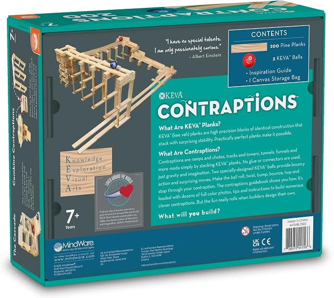 MindWare KEVA Contraptions, Wooden Blocks Building Set, Marble Run Kit, Includes 2 Balls - 200 Planks | Build and rebuild endless designs with 200 wooden planks. Includes 2 balls and 1 idea book with project photos.