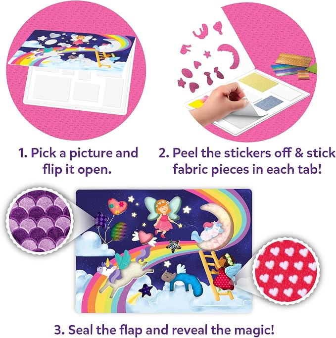 Skillmatics Fab Tabs – Unicorns & Princesses, Fabric Art, Sewing Craft Kit | Peel & Stick Sticker Activity, Mess-Free Play, Travel Toy, Gifts for Boys & Girls Ages 4, 5, 6, 7, 8, 9