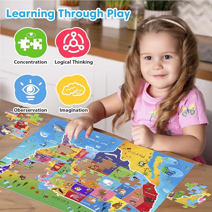 4 Packs 100 Piece Puzzles for Kids Ages 4-6 6-8 8-10, Educational Kids Jigsaw Puzzle Set, Ocean Space US Map World Animals Learning Puzzle Toy Gift for Boys Girls Teens Adults Kids Puzzles 4-6 5-8