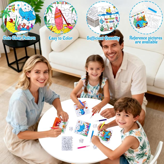 24 Set Summer Crafts for Kids Bulk, Summer Ocean Activities Puzzle with Mermaid Fish Starfish Animal, Camp Beach Arts and Crafts Classroom Gifts, Under the Sea Theme Party Favors, June Coloring Games