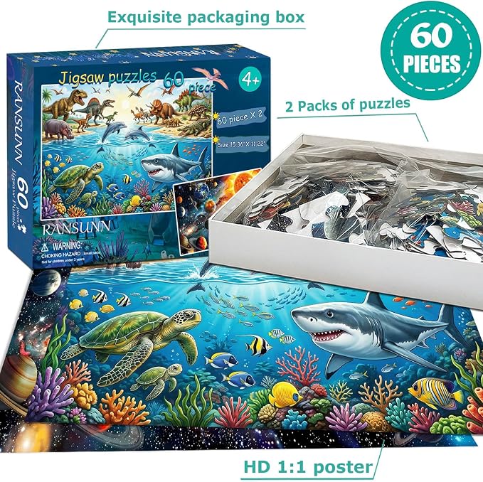 Puzzles for Kids Ages 4-6 6-8, 60 Piece Puzzles for Kids(2 Packs) | Jigsaw Puzzles Toddler Learning Educational Toy Set - Ocean, Dinosaur & Space, Kids Puzzles Ages 5-8 Toys Gifts