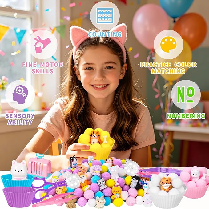240Pcs Pet Sensory Bin Fillers -Pet Fine Motor Sensory Bin with Pom Poms Dog Cat Resin Cups Tweezers for Counting Sorting Training