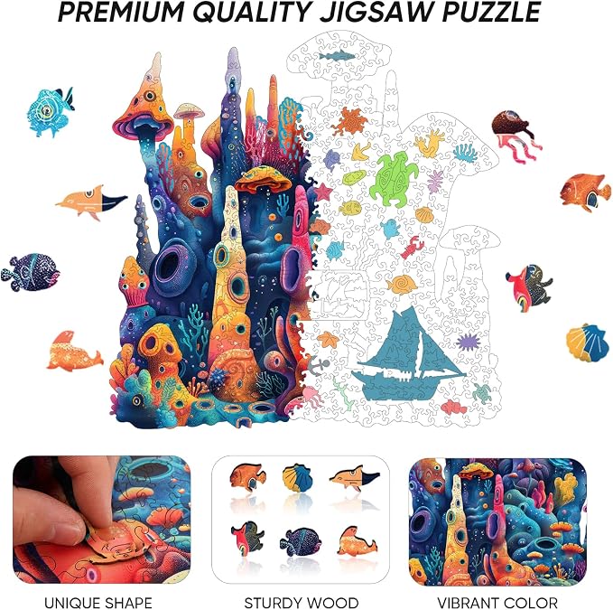 Qiuenisray Wooden Puzzles for Adults 500 Pieces, Coral Ocean Jigsaw Puzzles | FSC Certified Wood Puzzle, Wall Decor, Unique Shape Puzzle Piece, Creative Gift for Family Game 16.6x16.9 in
