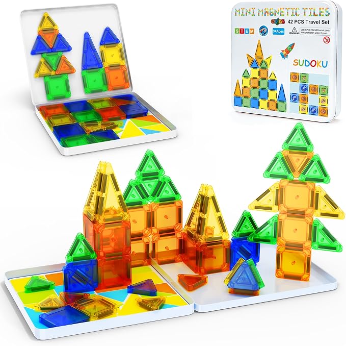 Mini Magnetic Tiles Travel Set with Case 42pcs, Mini Magnetic Blocks | Bonus Sudoku Play, Number & Animal Stickers, Portable Travel Toys for Kid, STEM Educational Sensory Toys, Classroom Must Have