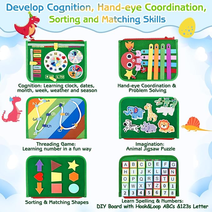 Esjay Busy Board Montessori Toys for Boys and Girls, Sensory Book Educational Activities for Learning Fine Motor Skills, Birthday Gifts, Travel Toys for Airplane Car, Green Multipages