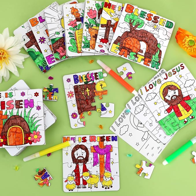 24Pcs Christian Easter Crafts for Kids Ages 4-8, Religious Easter Puzzle Jesus He Is Risen, Bible Jigsaw Arts Gifts for Classroom DIY Activity, Basket Stuffers, Spring Party Favors, Coloring Game Bulk