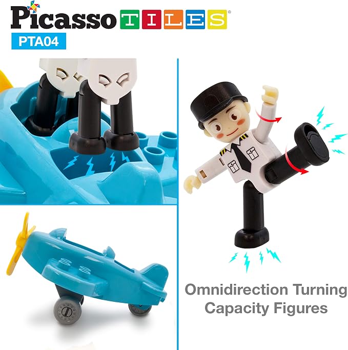 PicassoTiles Magnetic Figures 4 Piece Aircraft and Action Figure Magnet Airplane and Helicopter Expansion Pack Toddler Toy Set Educational Learning Kit Pretend Playset for Construction Building Block