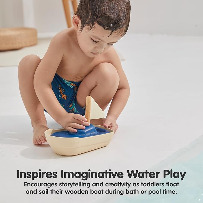 PlanToys® Sailboat Wooden Bath Toy, Eco-Friendly Floating Boat for Kids | wooden sailboat, floating bath toy, fine motor skill, imaginative play, water play, bathtub pool fun, birthday gift, kids tod