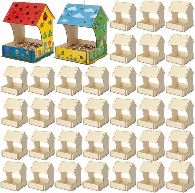 DoubleFill 36 Pack Bird Feeder Kits Bulk Wooden DIY Birdhouse Kits Unfinished Bird Feeder Birdhouse to Paint Wood Craft for Educational Fun Art Outdoor Activities Gifts