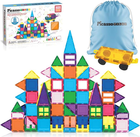PicassoTiles 101 Piece Magnetic Tiles Building Set with Car & Bag Ages 3+ | BPA-free plastic, smooth-edge design, doors/windows, specialty shapes, spatial reasoning, hand-eye coordination, pretend play
