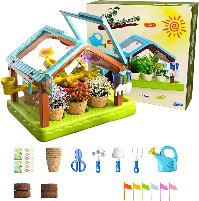 EXBEPE Kids Plant Growing Kit Greenhouse Growing Set with Drip Irrigation System and Grow Light Science Educational DIY Indoor Plant Gardening Toy for Kids
