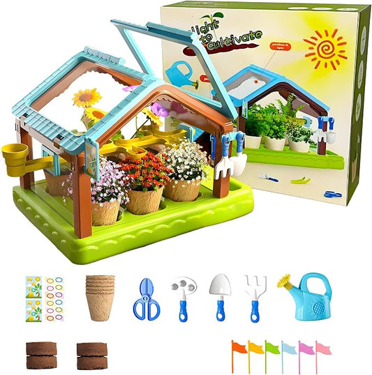 EXBEPE Kids Plant Growing Kit Greenhouse Growing Set with Drip Irrigation System and Grow Light Science Educational DIY Indoor Plant Gardening Toy for Kids