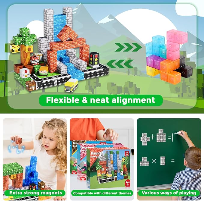 Magneverse 150 PCS Magnetic Blocks - Forest Village Building Block for Kids Ages 4-8, Magnetic Cubes for Boys Girls, STEM Educational Stacking Magnet Toy for 3 4 5 6 7 8 9 10 11 12 Birthday Gifts