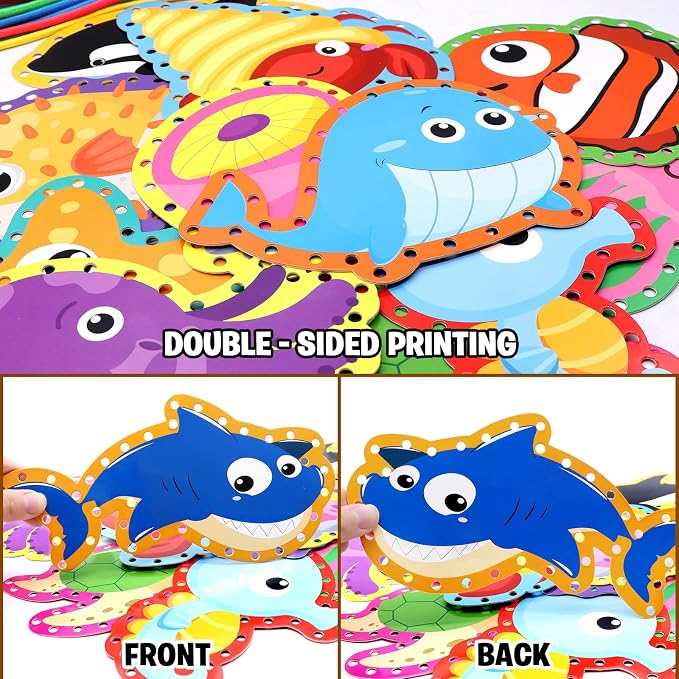 Sea Animals Lacing Cards Sewing Cards For Kids 12 Pack Shark Whale Ocean Theme Party Decor Double Sided Cardboard Lacing Playing Games for Preschool Home Developing Imagination Education Supplies