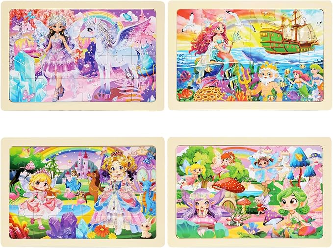 Wooden Princess Puzzles for Kids Age 3 4 5 Year Old, 4 Pack 24 Pcs Montessori Toddler Jigsaw Puzzles for Girl boy Activities Preschool Learning Educational Birthday Gift Travel Autistic Wooden Toys
