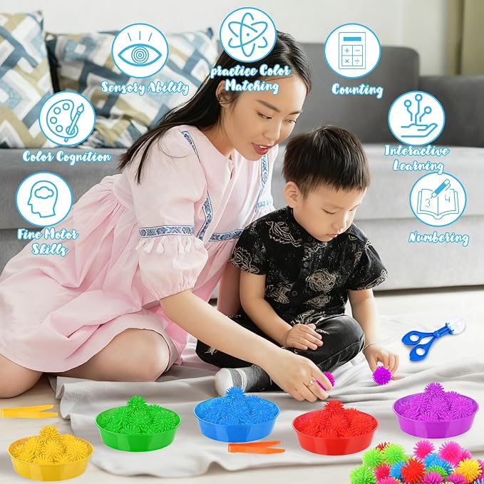 85 Pcs Sensory Bin Filler Kit with Tools Fine Motor Skills Set Counting Sorting Training Set with 72 Hedge Balls 5 Tweezers 3 Scissors Clips 5 Cups Learning Activities for Home School