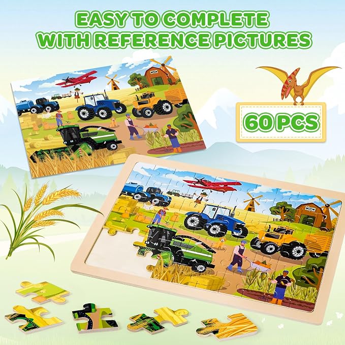 6-Pack Wooden Puzzles for Kids Ages 3-5, 60-Piece Construction Vehicle Set | Toddler Puzzles Ages 3-5, Preschool Puzzles with Wooden Jigsaw Boards for Fine Motor Skills, Shape Recognition and Travel