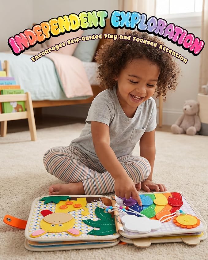 Montessori Busy Book for Toddlers, 8-Page Sensory Activity Book for Fine Motor Skills & Basic Dress Learning, Portable Travel Toy for Preschool Kids, Birthday Gift for Boys and Girls (Giraffe)