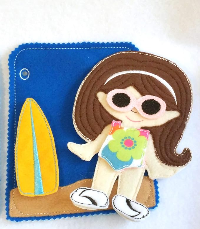 Children's Felt Quiet Book for Toddler, 2 Beach Pages with Felt Doll and 9 Pieces - Gift for Girl - Imaginative PlayQB153