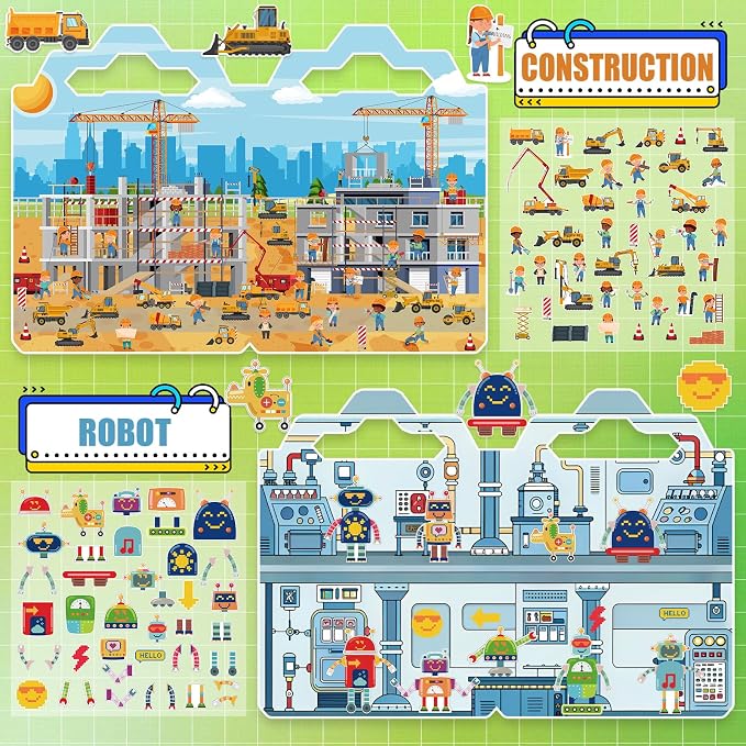 6 Pack Reusable Puffy Sticker Books, 250Pcs Kids Activity Stickers Ages 3+ | Travel Sticker Book Dinosaur/Space/Traffic/Robot/Harbor/Construction for Boys Girls