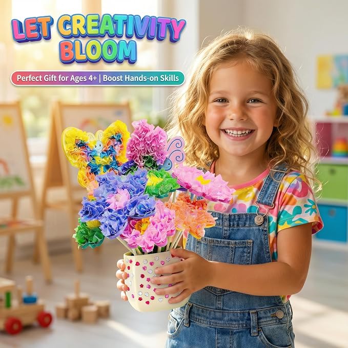 AGENTLAN Poke Art Bouquet Craft Kit,Mess-Free 3D Crafts for Kids Ages 3-8 | Glue free with flower pot,poke in foam flowers, butterflies,DIY arts and crafts gift for toddlers