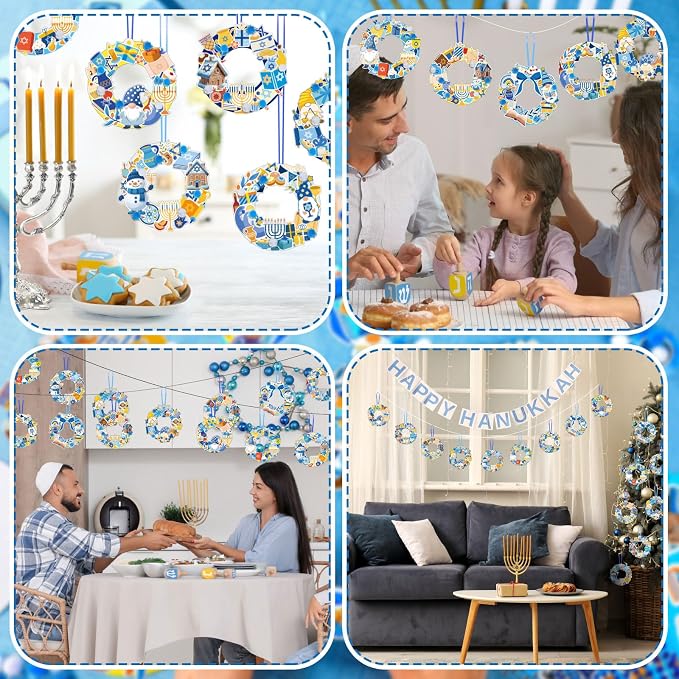 Hollowfly 48 Sets Hanukkah Wreath Craft Kits DIY Menorah Ornaments | Make Your Own with Stickers, For Kids Classroom Party Activities, Hanukkah Themed Hanging Decor, Home Celebration