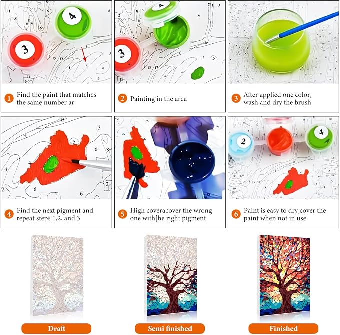 Fountor Framed Paint by Numbers Kit for Adults Beginner & Kids Ages 8-12, Tree of Life Paint by Number with Frame, Easy Acrylic Stained Glass Colorful Tree Painting by Numbers Kit on Canvas 8x12 inch